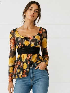 DAISY & CLOVER Mesh Y2K Floral Scoop Blouse Top Yellow Black Petite XS